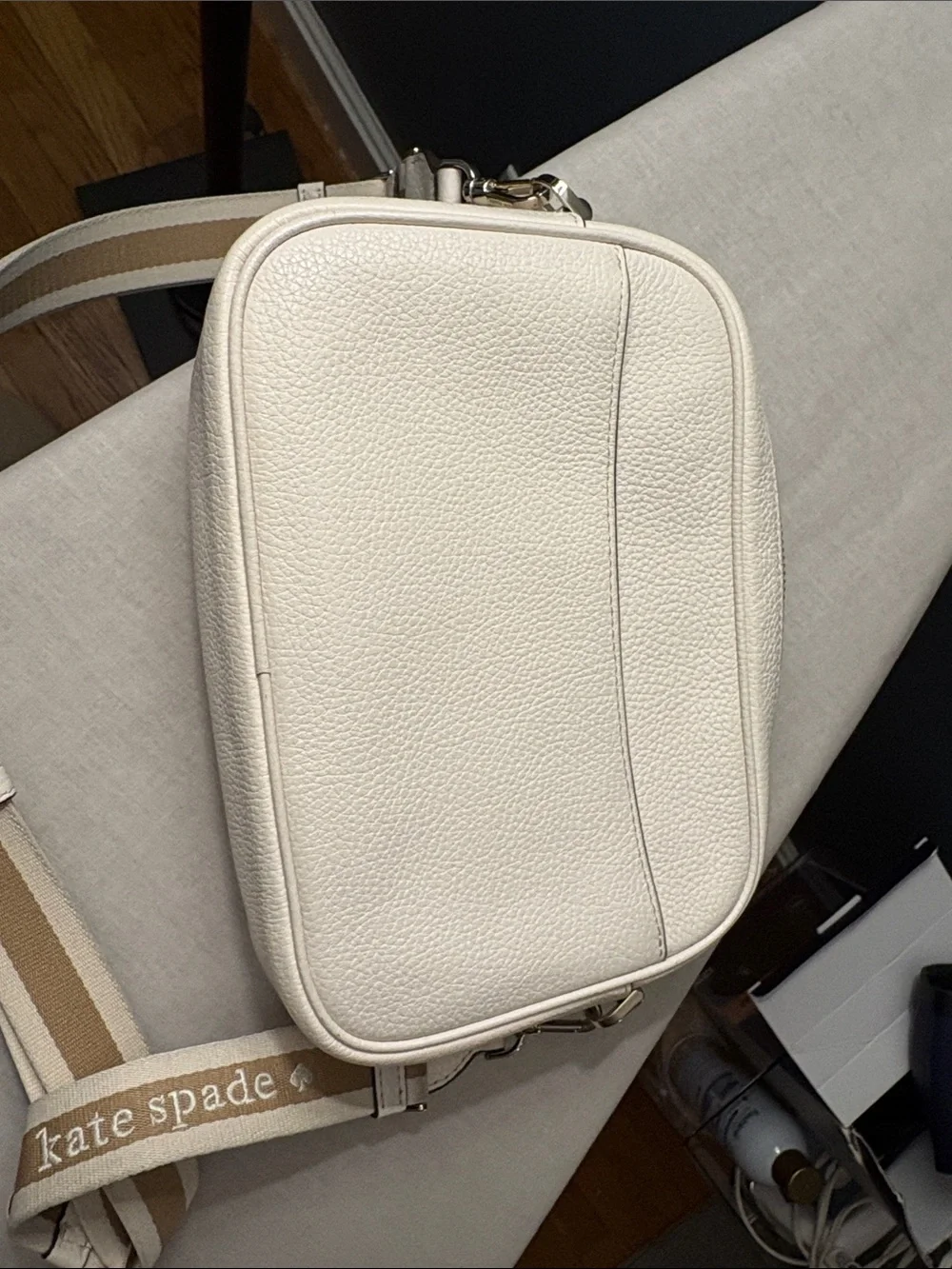 kate spade Cream Pebbled Leather Crossbody with Striped Strap